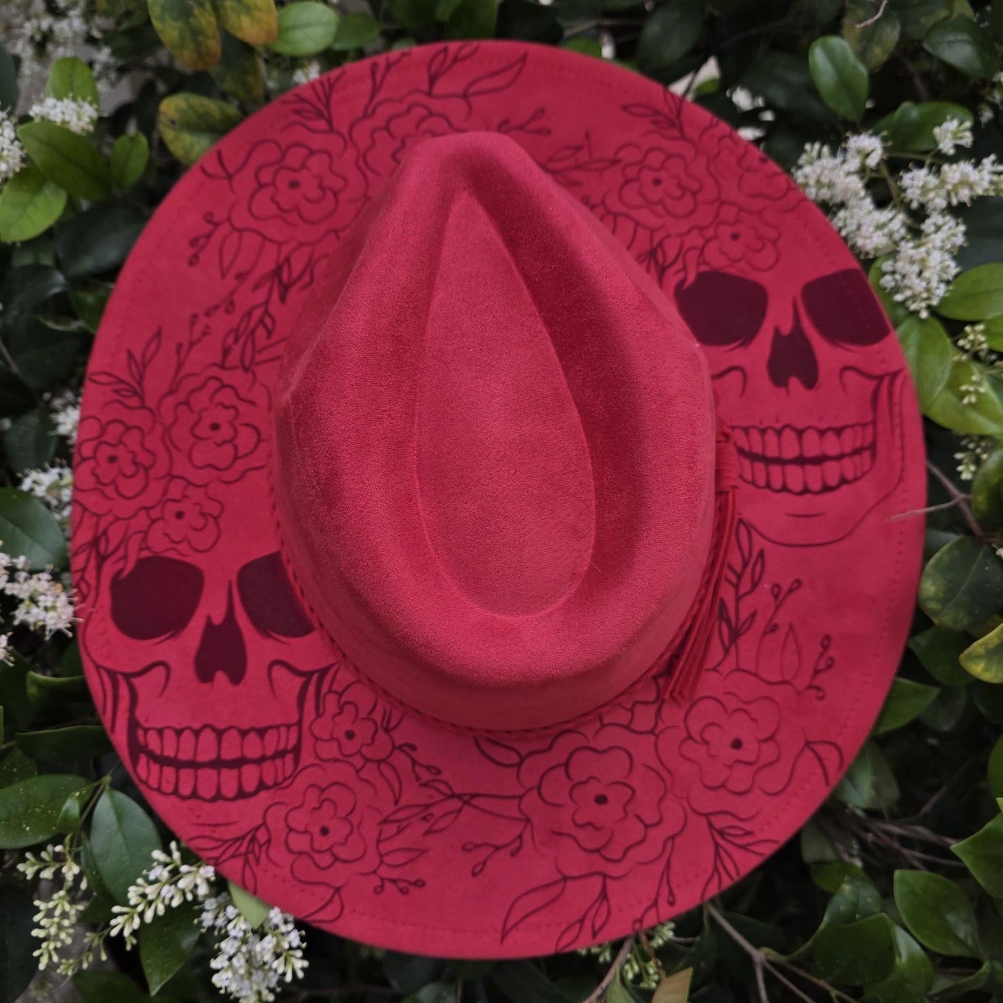 Sugar Skull Floral Wide Brim Hat, Laser Engraved Fedora, Skeleton Flower Hat