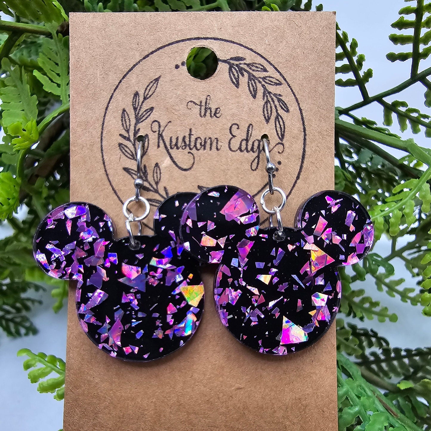 Flake Glitter Mouse Head Dangle Earrings: Laser Cut Acrylic