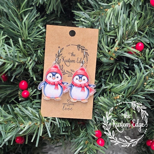 Penguin Earrings, Winter Animal Jewelry, Lightweight Acrylic Holiday Dangle, Festive Christmas Accessories