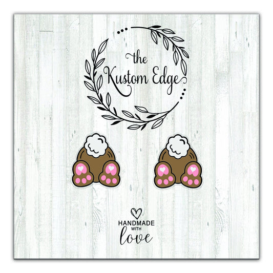 Bunny paw stud earrings with pink hearts on The Kustom Edge earring card