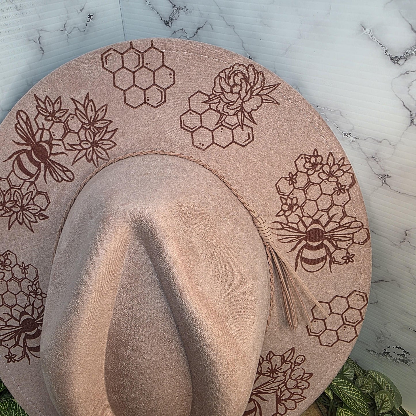 Bee Honeycomb Wide Brim Hat, Honeybee Boho Cap, Gift Women, Floral Nature Fedora