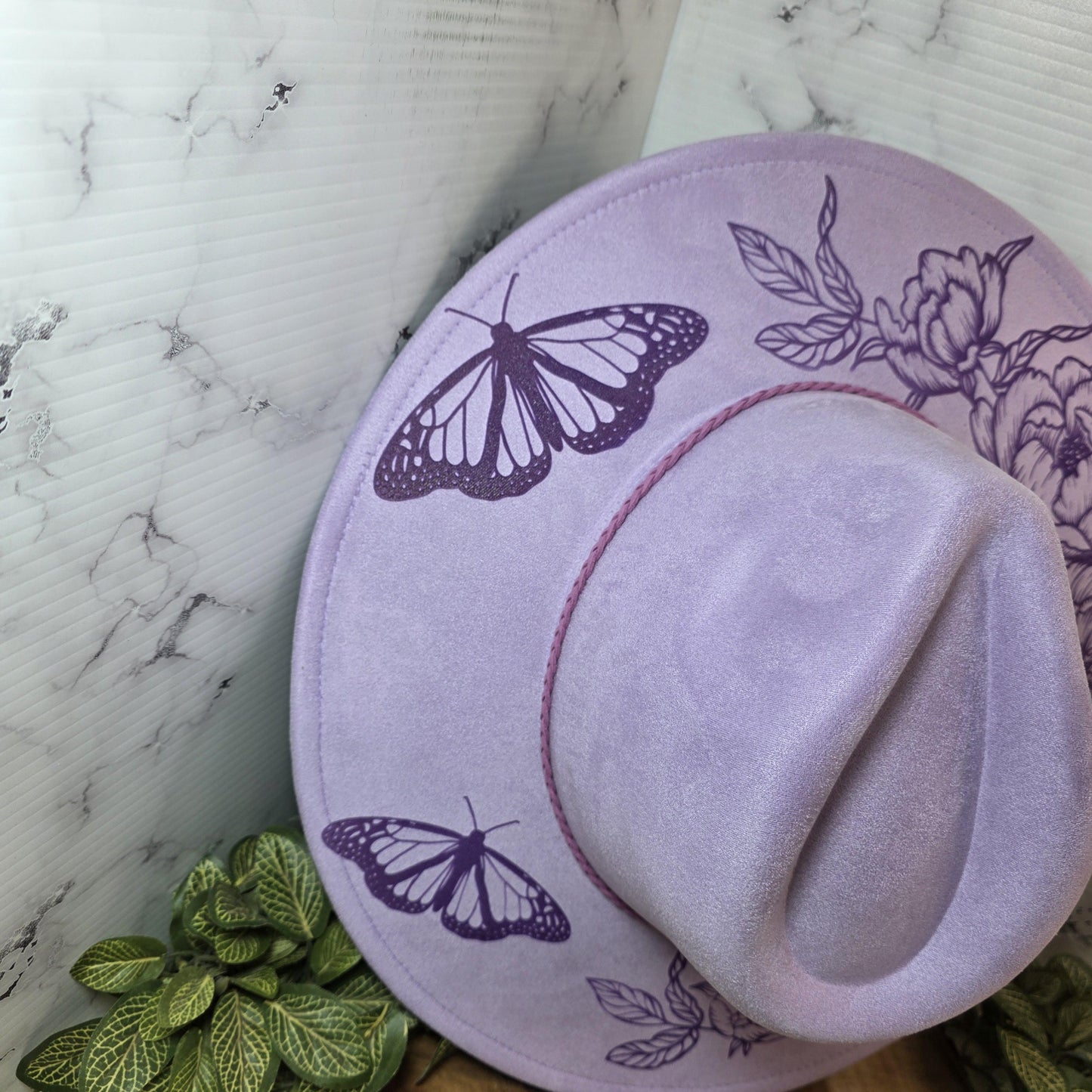 Butterfly Engraved Wide Brim Hat, Boho Western Vegan Suede Fedora, Floral Boutique Festival Fashion