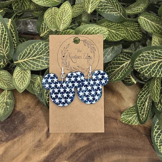 Glitter Stars Mouse Head Earrings: Blue Acrylic 4th of July USA, Lightweight