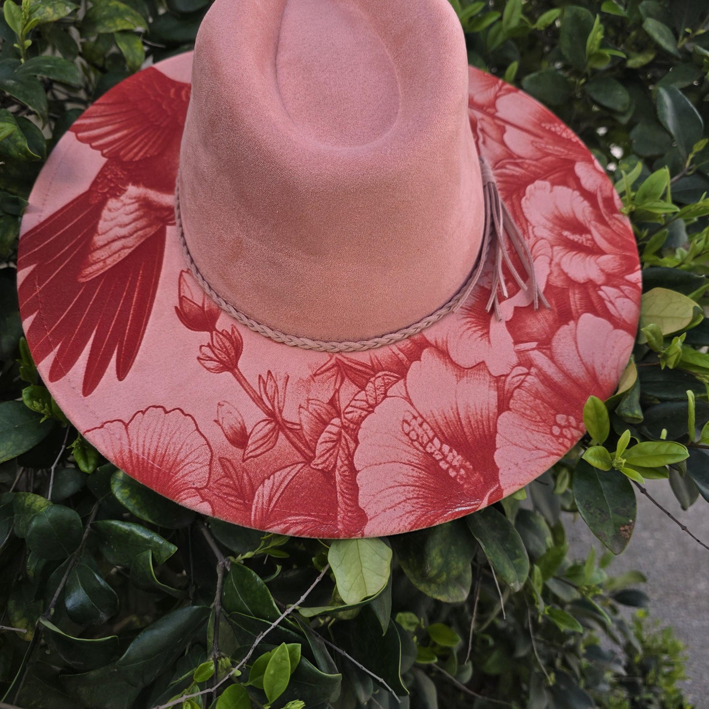 Hummingbird Engraved Wide Brim Hat, Floral Boho Western Vegan Suede Fedora, Nature Inspired Boutique