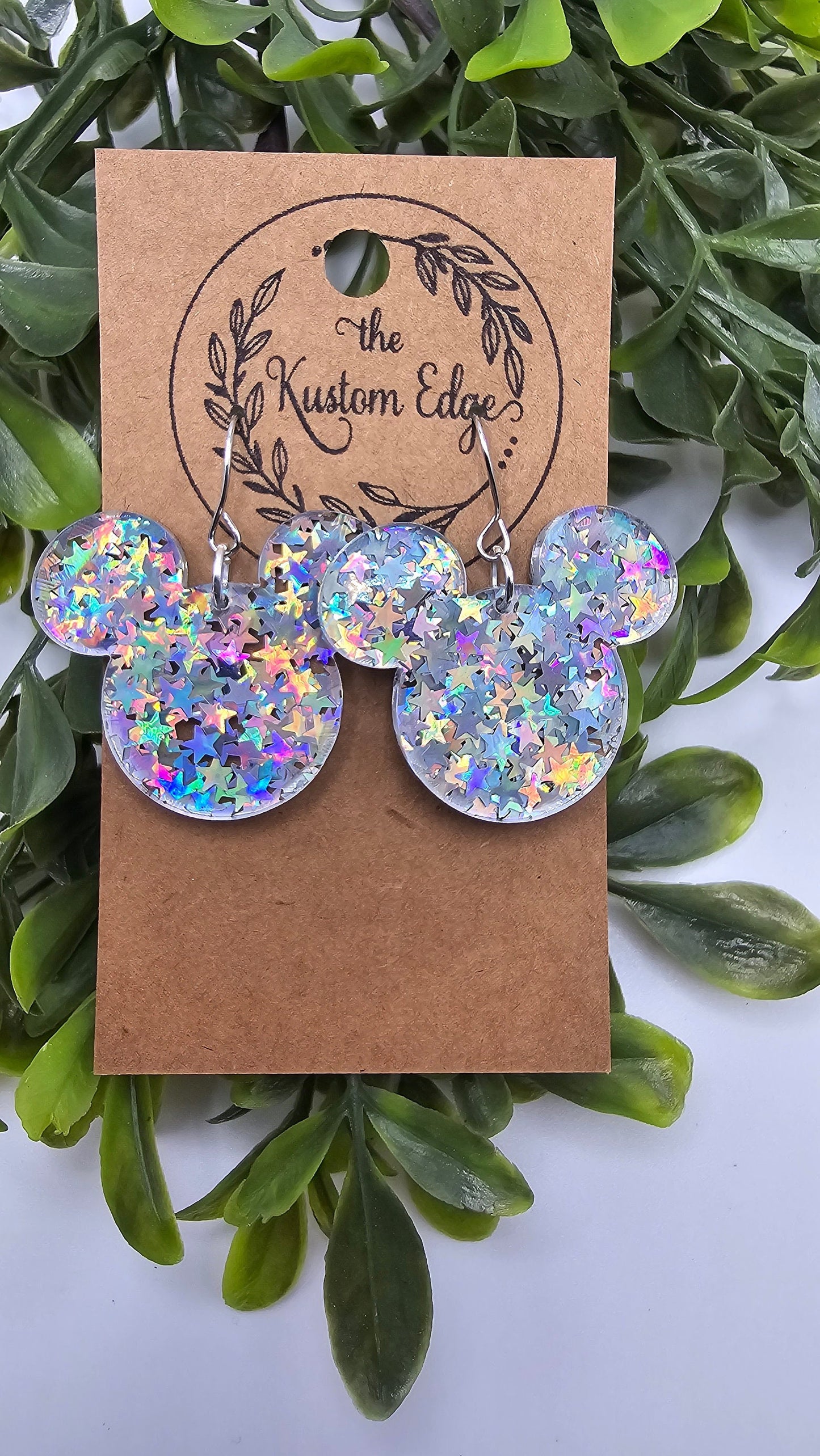 Holographic Star Mouse Earrings: Glitter Acrylic Dangle Earrings, Light weight Hypoallergenic