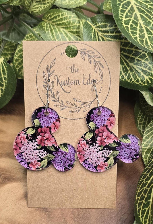Purple Flowers Mouse Dangle Earrings, Patterned Acrylic, Laser Cut, Gift For Her, Handmade Drop Earrings, Magical Earrings, Purple Flowers