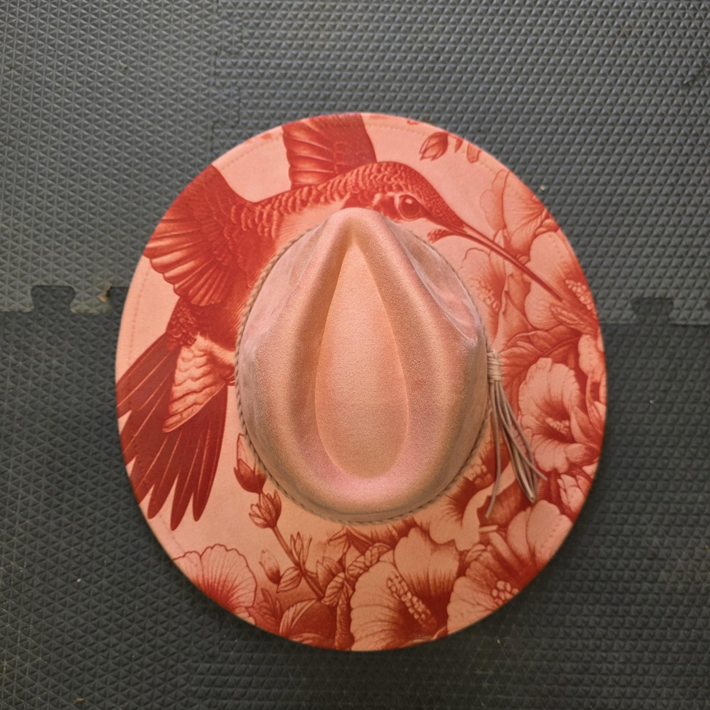 Hummingbird Engraved Wide Brim Hat, Floral Boho Western Vegan Suede Fedora, Nature Inspired Boutique