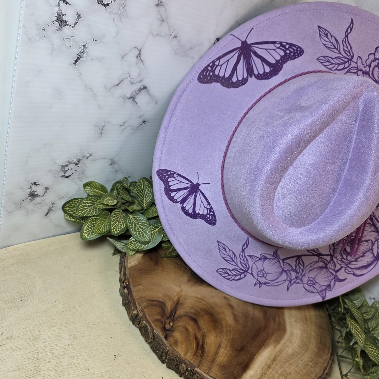 Butterfly Engraved Wide Brim Hat, Boho Western Vegan Suede Fedora, Floral Boutique Festival Fashion