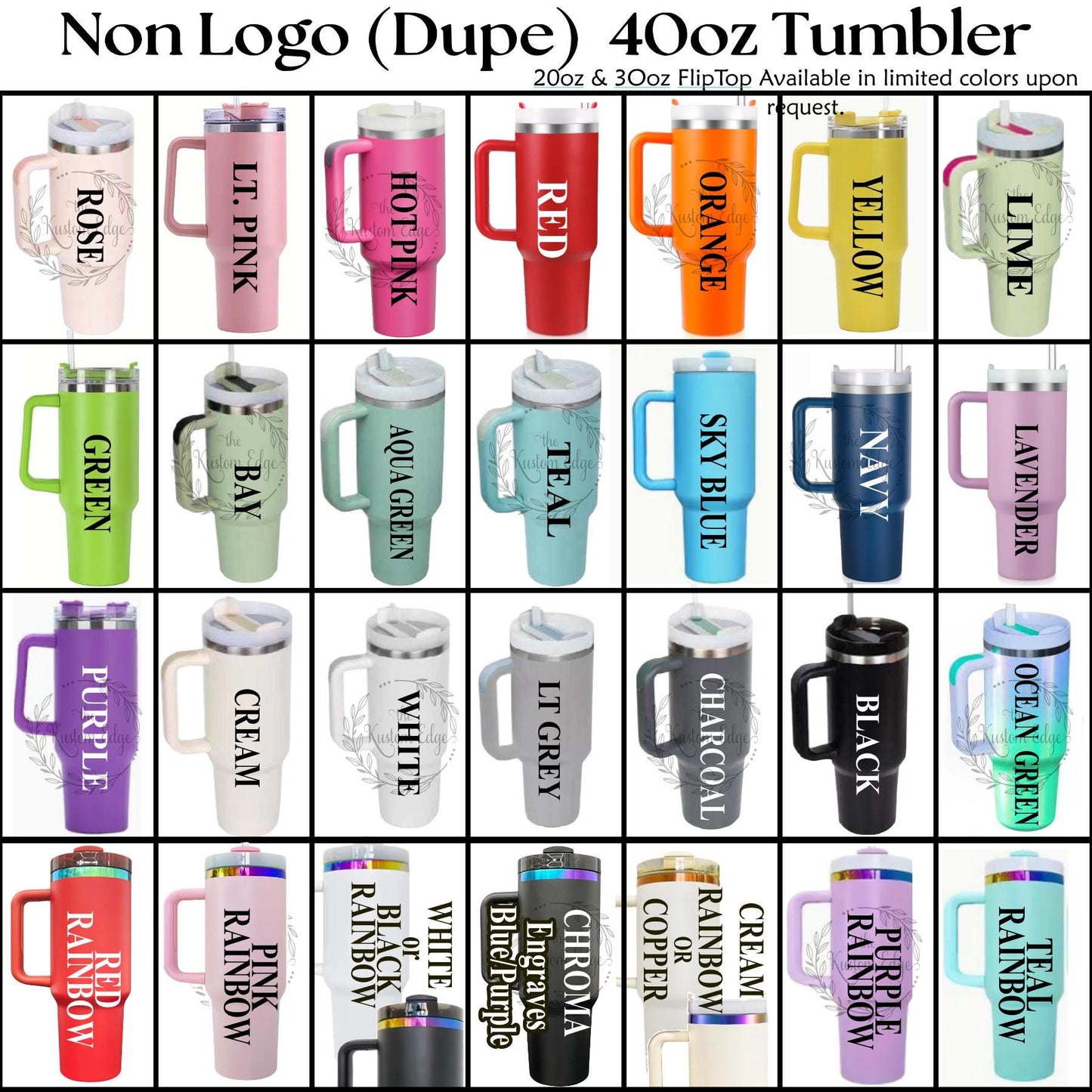 a collection of 40oz tumblers in various colors, including pink, red, orange, yellow, green, blue, teal, white, black, and purple.