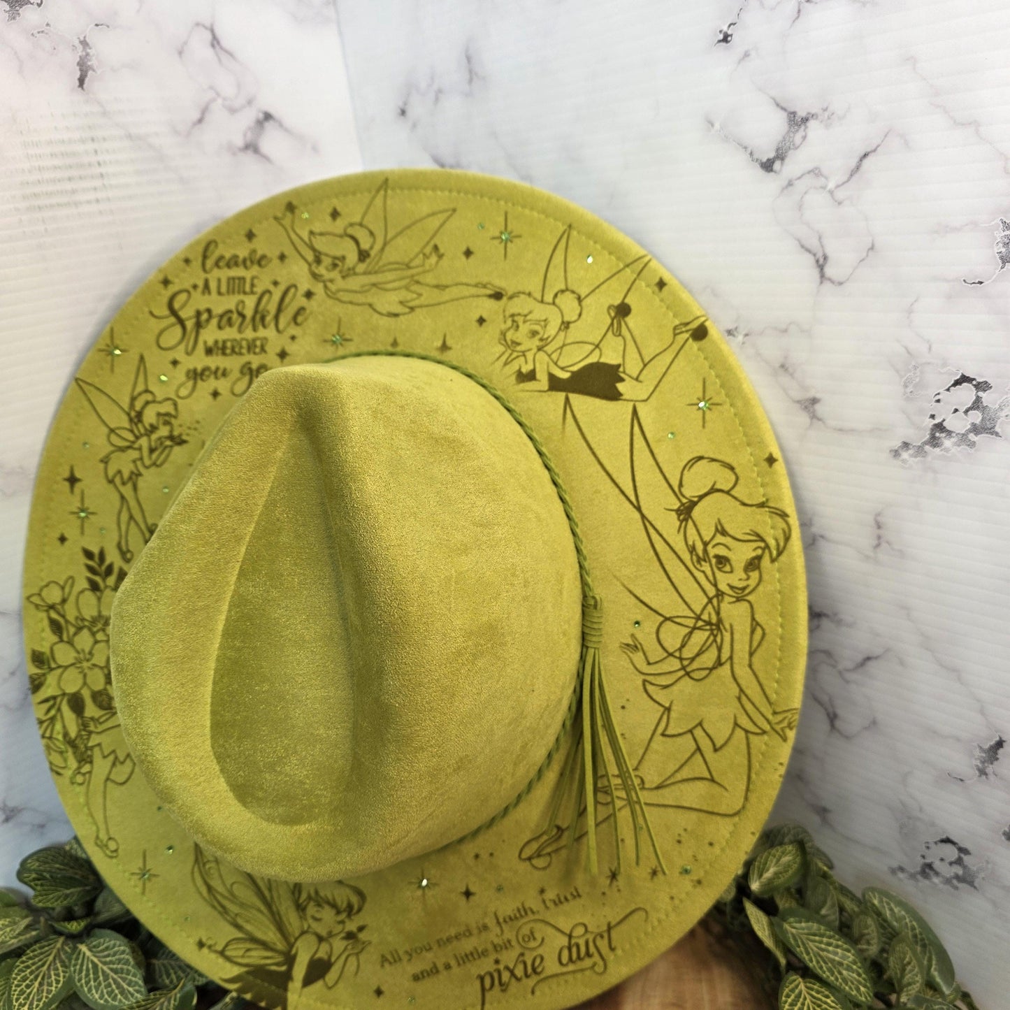 Tinkerbell Sassy Fairy Princess Fedora Burned Hat, Boho Vegan Suede Wide Brim Hat