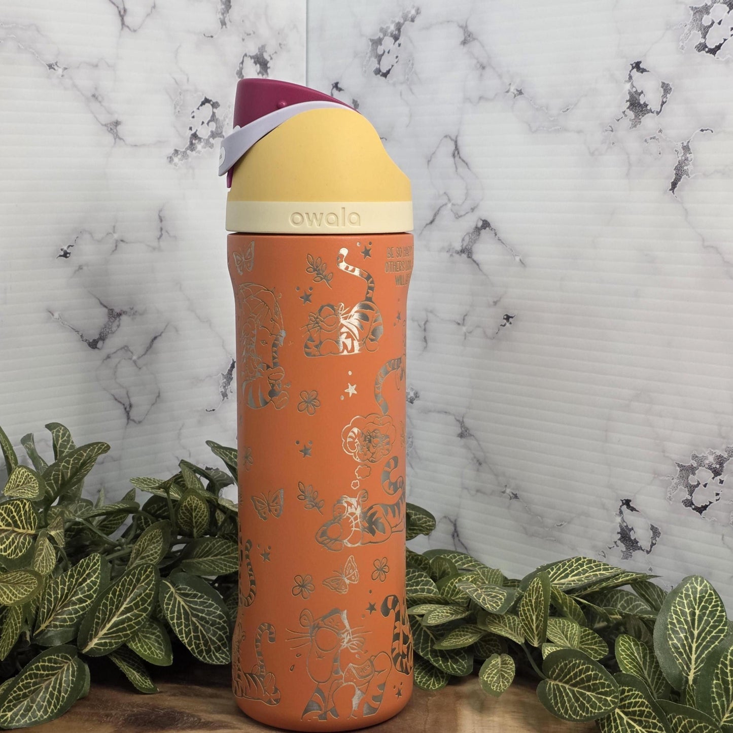 Character inspired engraved Owala water bottle with playful tiger stripes theme