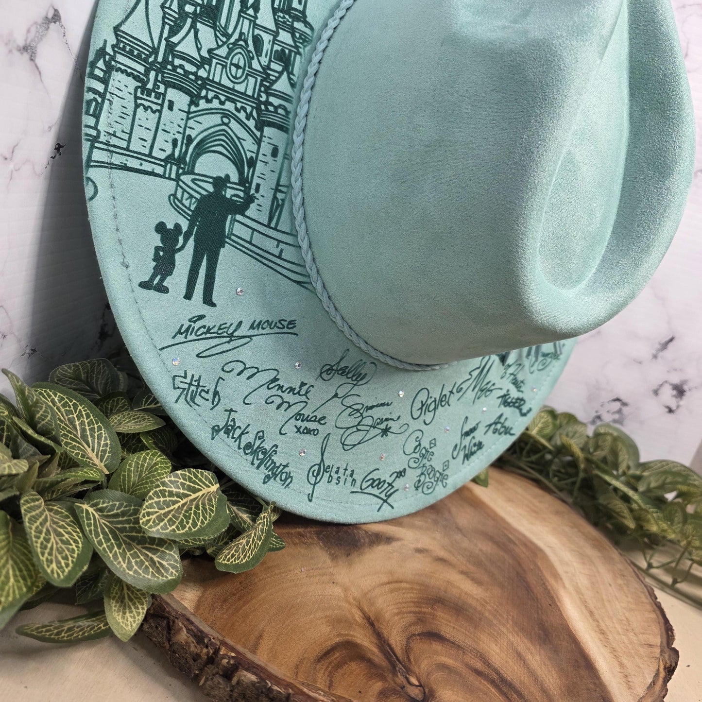 Fairytale Signature and Castle Engraved Wide Brim Hat, Rhinestone Western Fedora, Fantasy Inspired