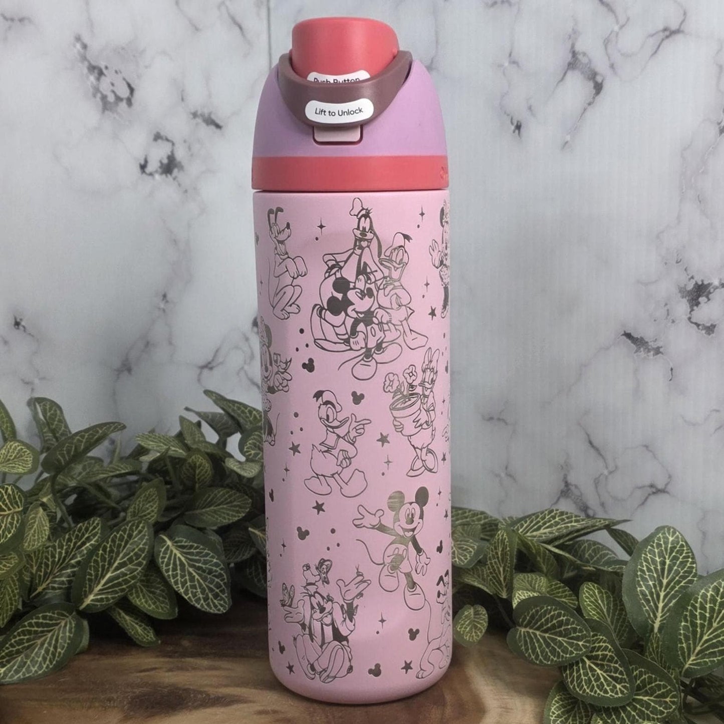 storybook character engraved owala tumbler pink insulated stainless steel magical kingdom drinkware