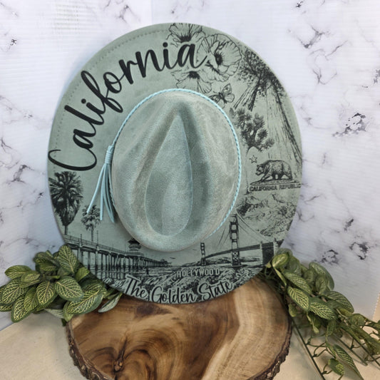 California Wide Brim Hat, Golden State Gift, West Coast Boho, Palm Trees, Poppies