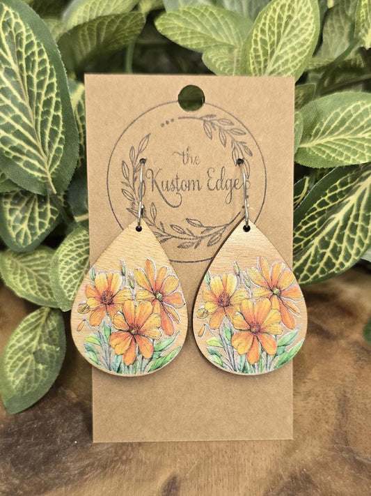 Orange Flower Dangle Earrings: Lightweight Wooden Boho Jewelry