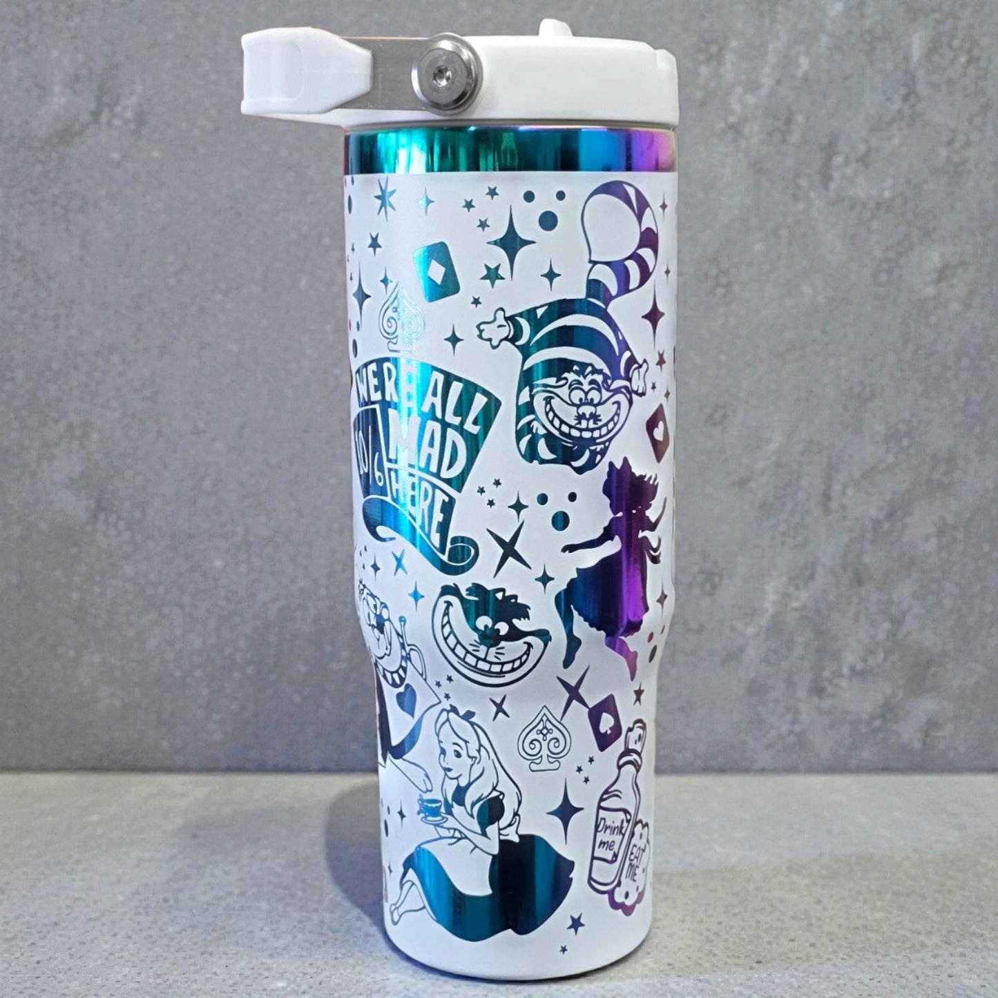 Alice in Wonderland Engraved 30oz Tumbler: 'We Are All Mad Here' Stainless Steel Cup