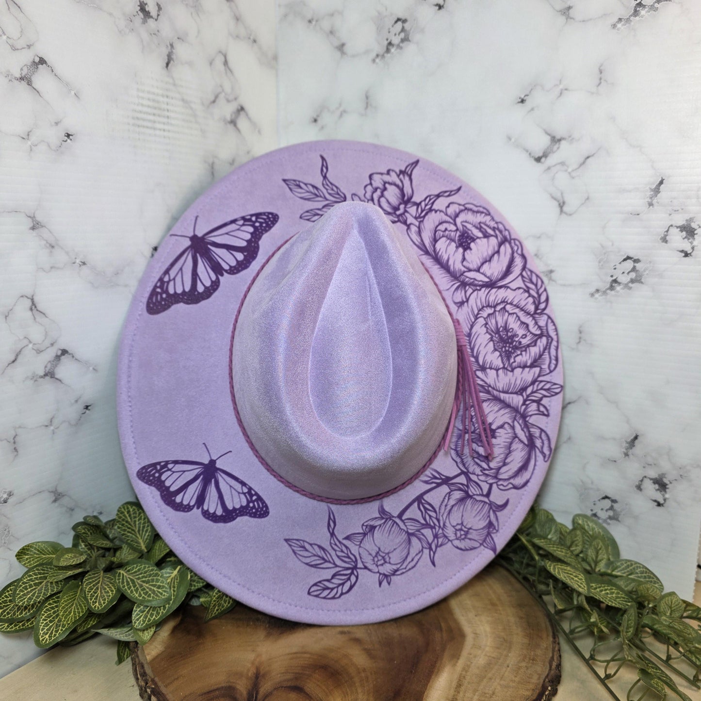 Butterfly Engraved Wide Brim Hat, Boho Western Vegan Suede Fedora, Floral Boutique Festival Fashion