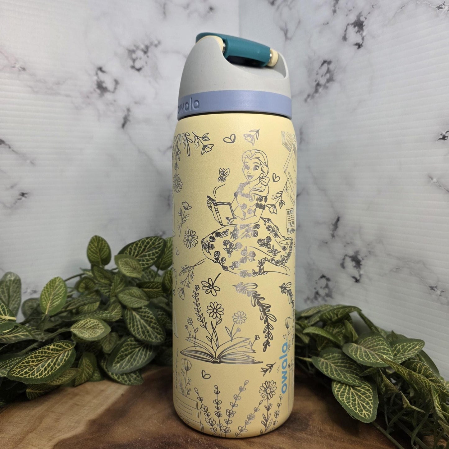 Princess Belle with Books Laser Engraved Owala Tumbler, Book Lover Gift, Personalized Water Bottle