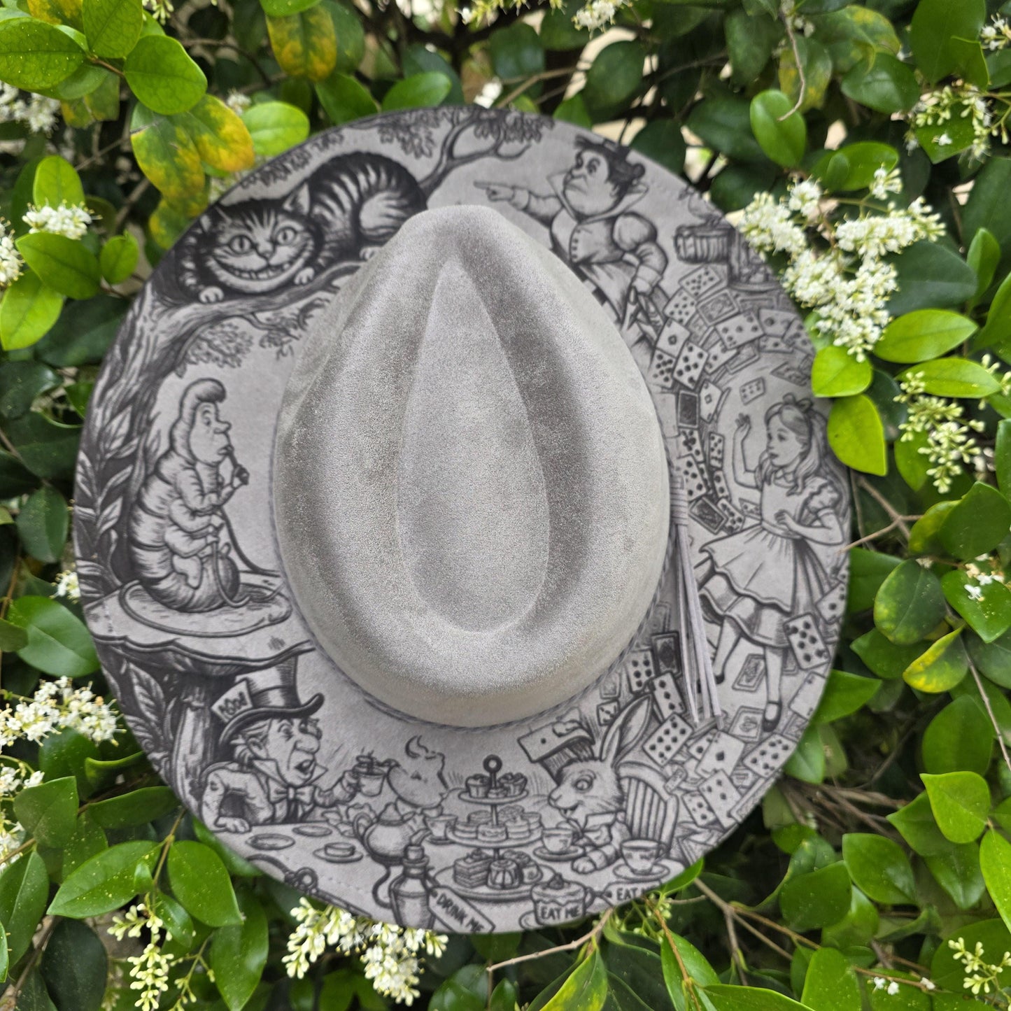 Alice In Wonderland Classic Engraved Wide Brim Fedora Hat Tea Party Design