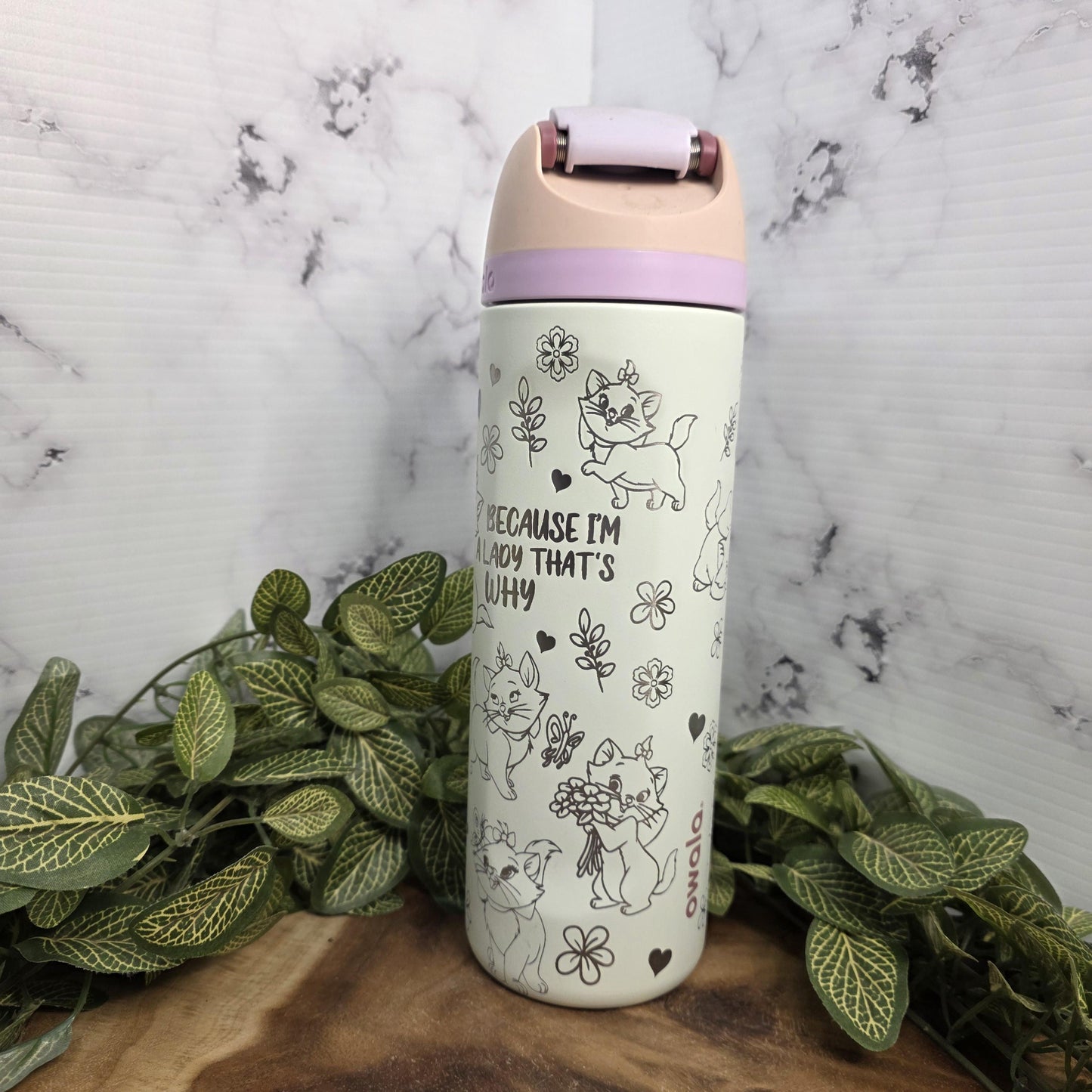 Marie Sassy Cat Engraved Owala Tumbler, Kitten Water Bottle Girly Gift, Cat Lover Cup