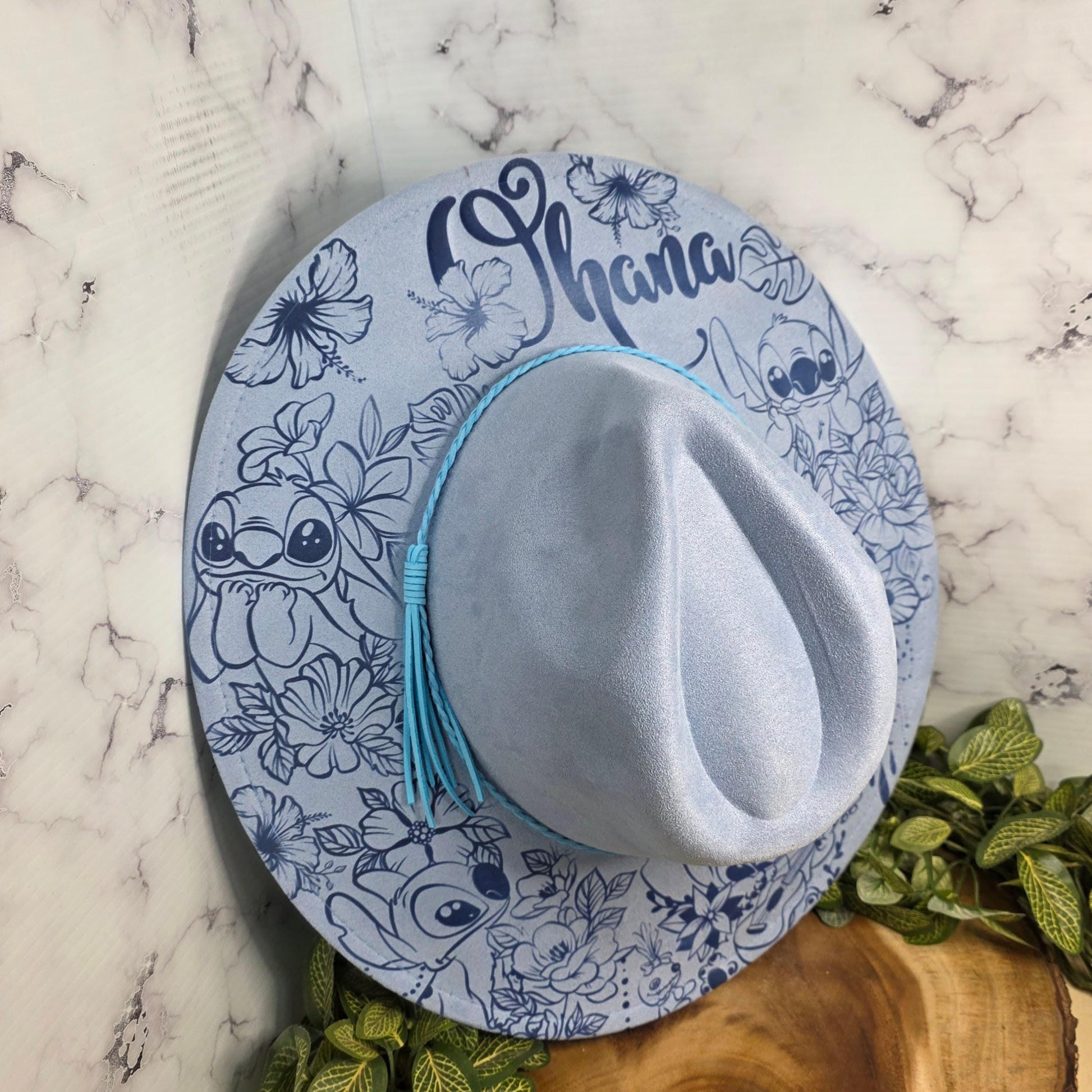 Vegan suede blue wide brim hat with island theme engraving