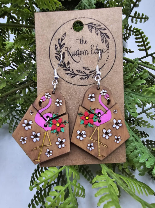 Hand Painted Flamingo Wooden Earrings image 0
