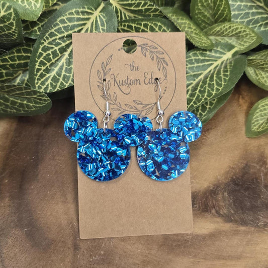 Blue Glitter Swirl Mouse Earrings: Laser Cut Acrylic Dangle, Lightweight, Hypoallergenic
