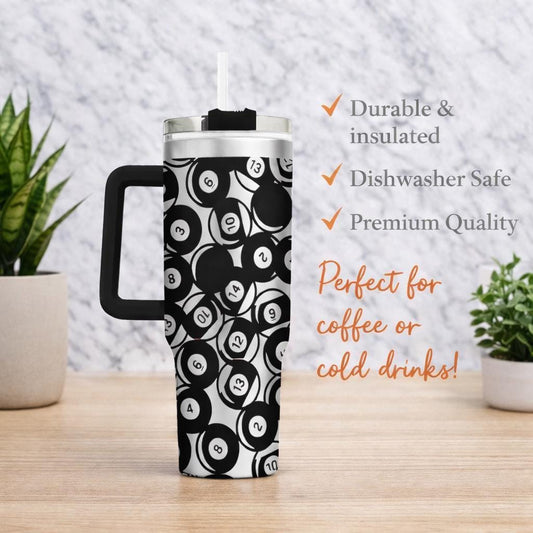 Billiards Tumbler With Handle, Pool Ball Stainless Steel Mug With Straw