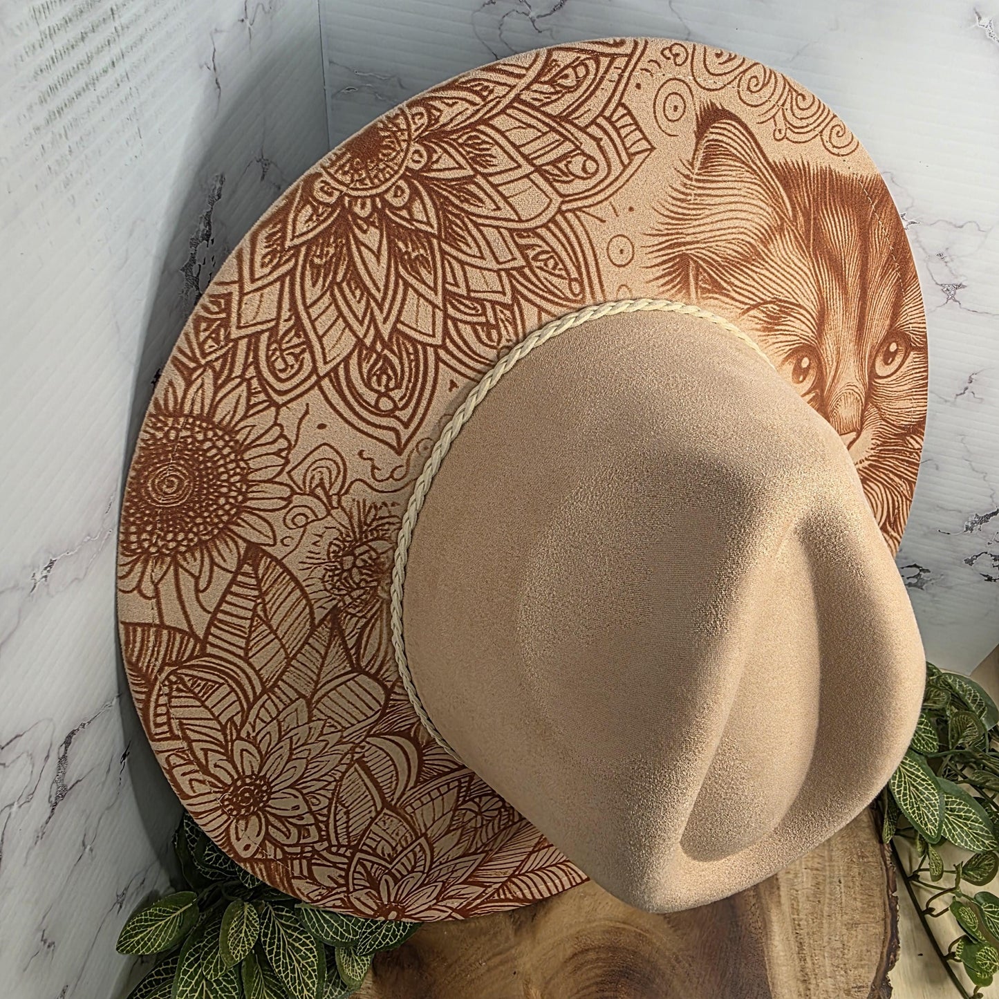 Cat Flowers Wide Brim Hat, Feline Lover Boho Gift, Floral Mandala, Unique Pet Portrait