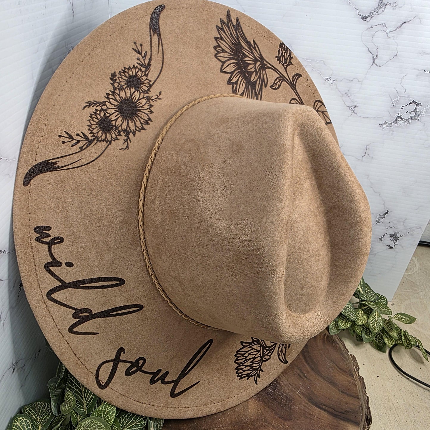 Wild Soul Sunflower Wide Brim Hat, Laser Engraved Fedora, Boho Wildflowers, Gift For Her
