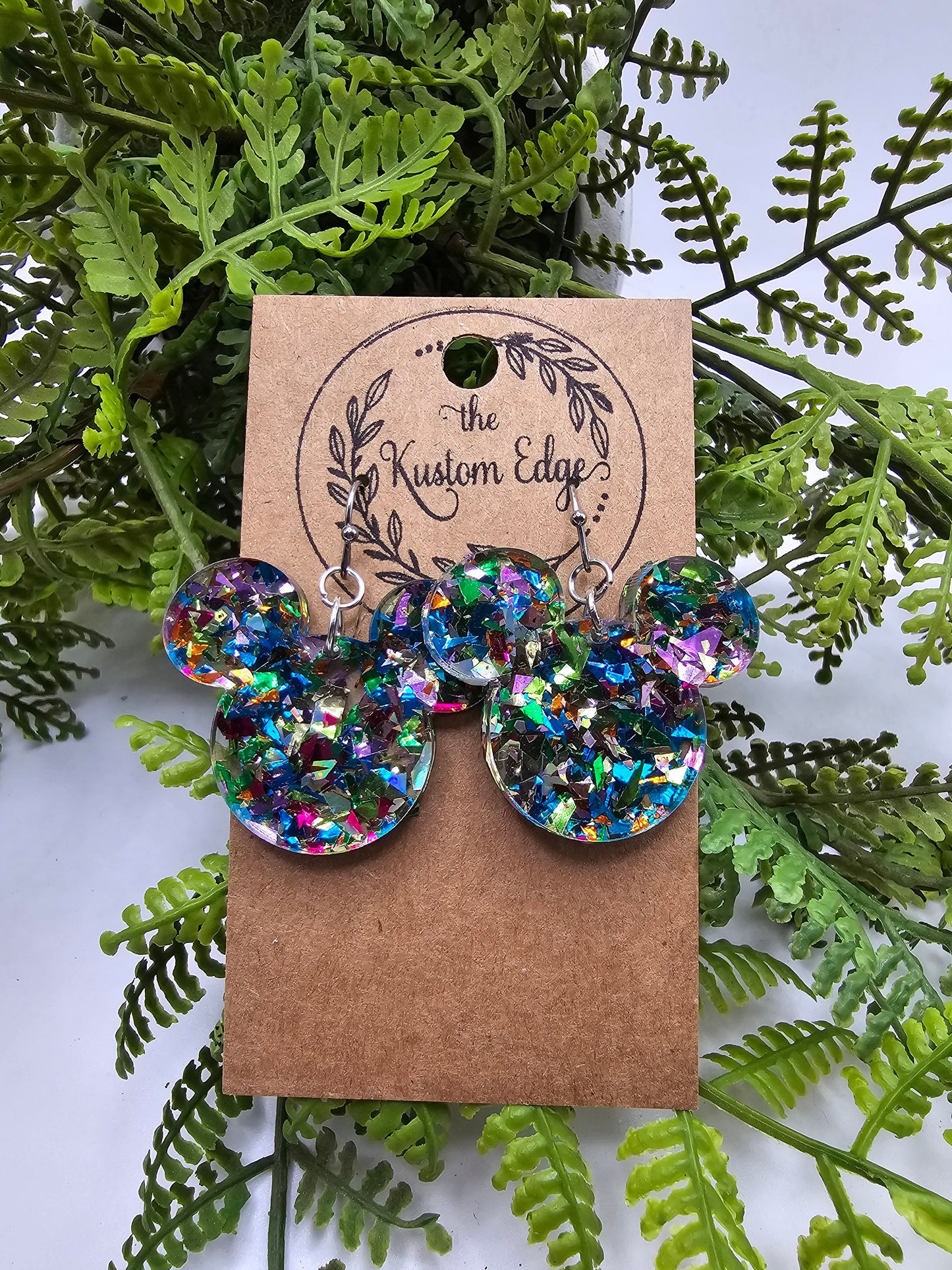 Mouse Head Confetti Glitter Dangle Earrings: Laser Cut Acrylic