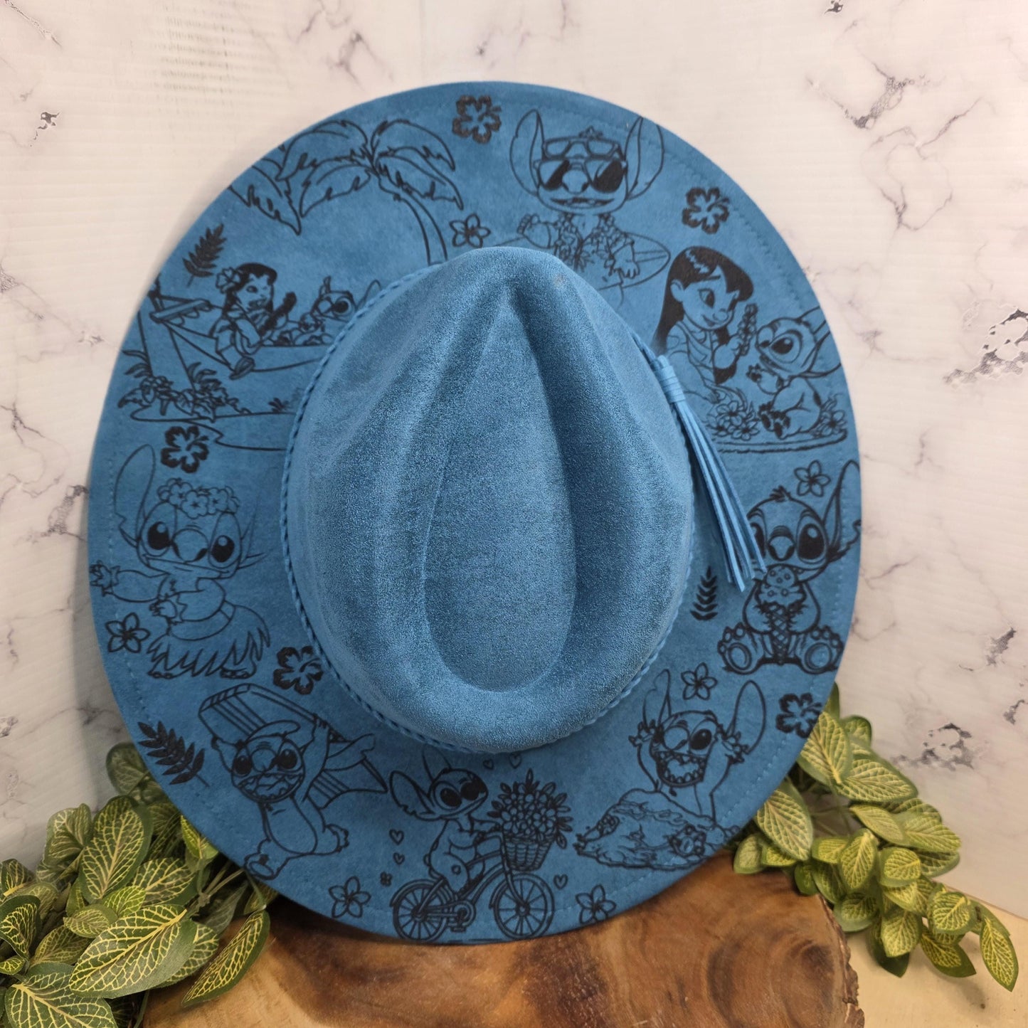 Summertime Stitch Fedora Burned Hat, Silly Alien, Characters, Boho Vegan Suede Wide Brim Hat