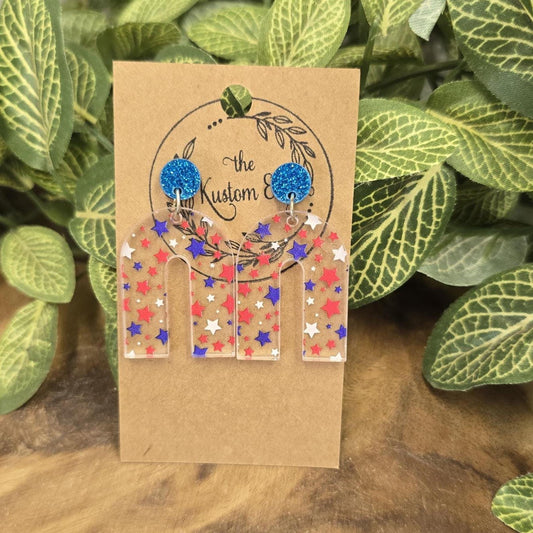 Red White & Blue Star Dangle Earrings: Laser Cut Acrylic, Hypoallergenic